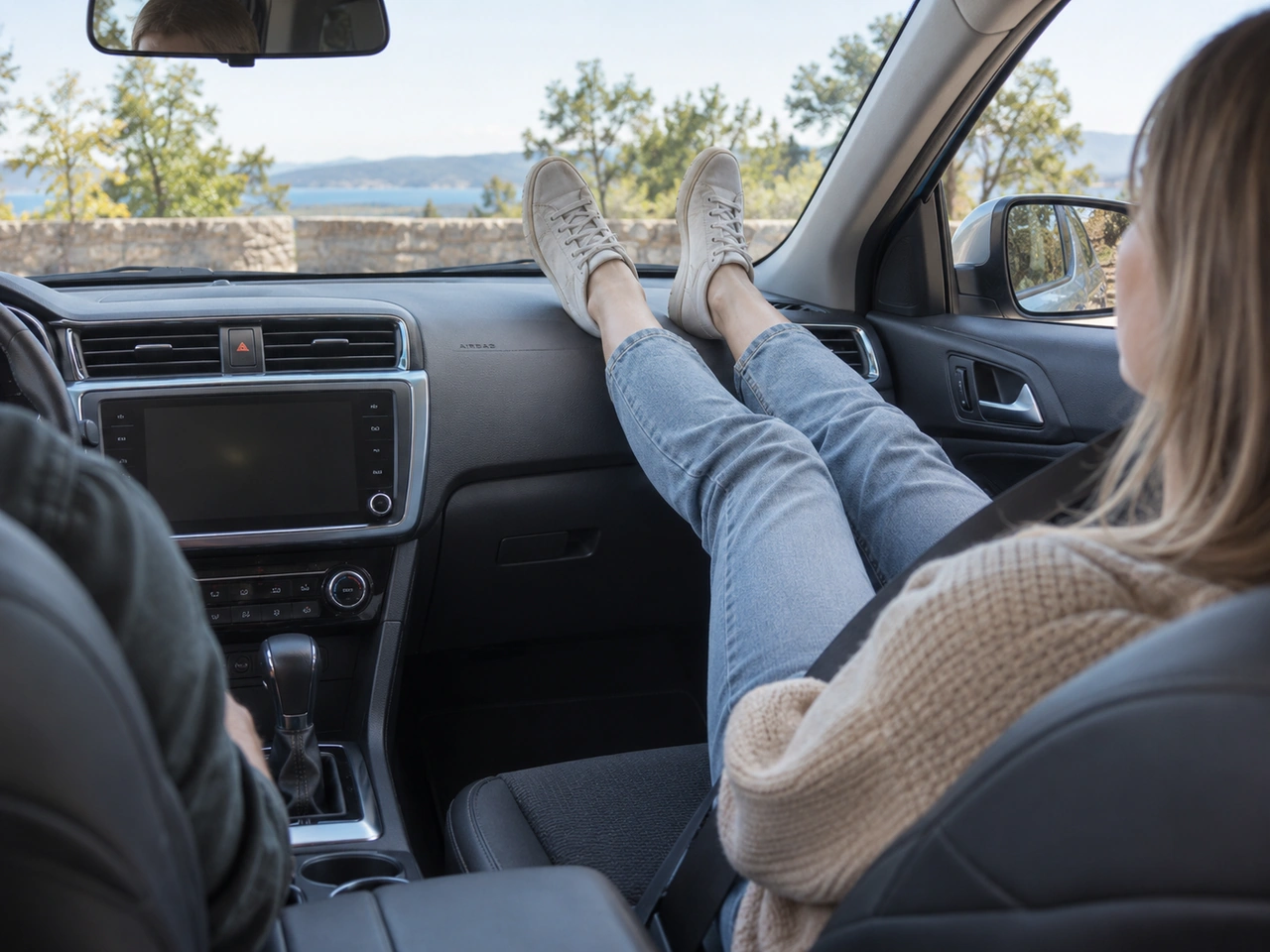 Why should a front passenger keep their feet off the dashboard?