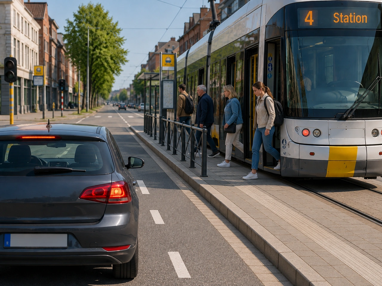 What must a driver do when passengers board or leave a tram without a refuge island?