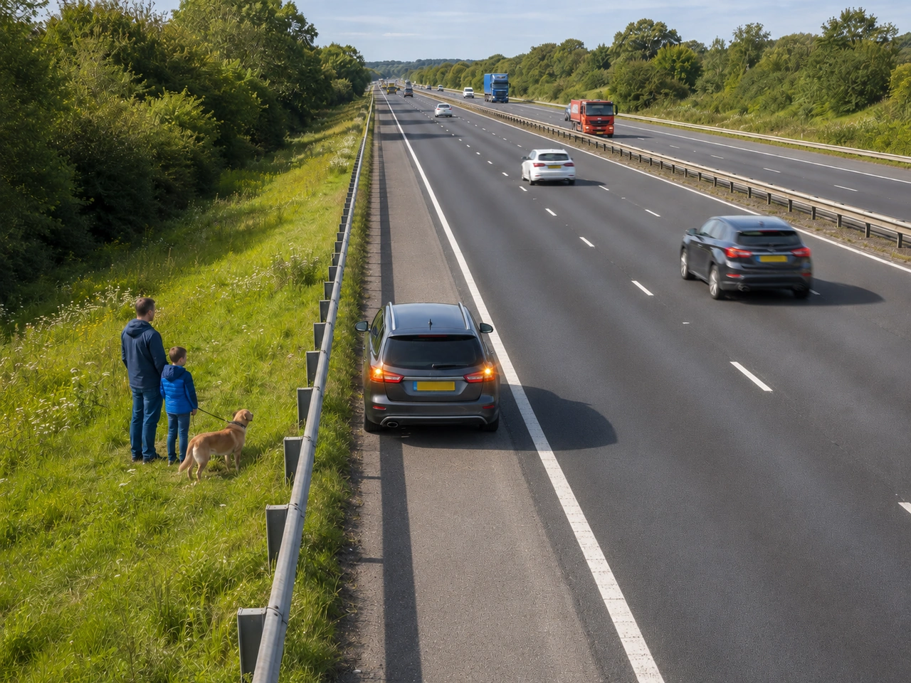 Where should passengers wait after safely leaving a broken-down vehicle?