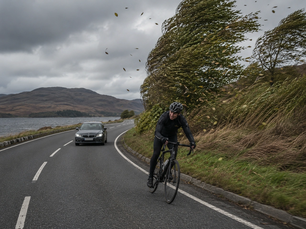 Why should you leave extra space when passing cyclists in strong winds?