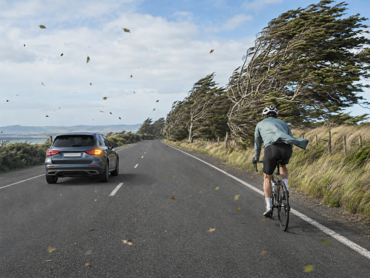 Why should you leave extra space when passing cyclists in strong winds?