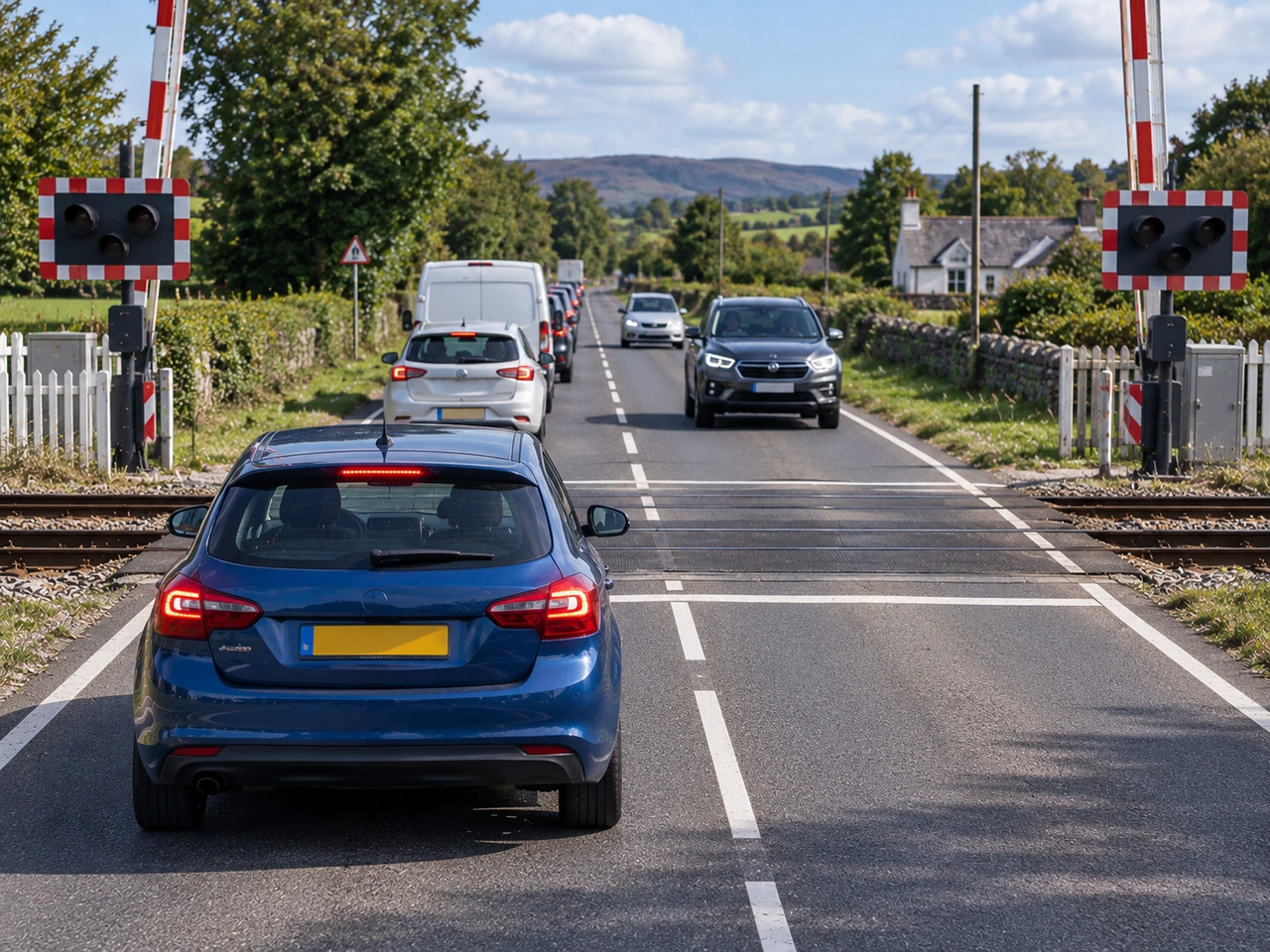 What should you do if traffic beyond a railway crossing is blocked?