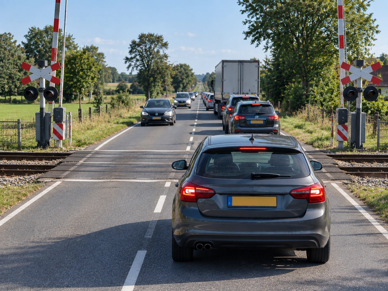 What should you do if traffic beyond a railway crossing is blocked?
