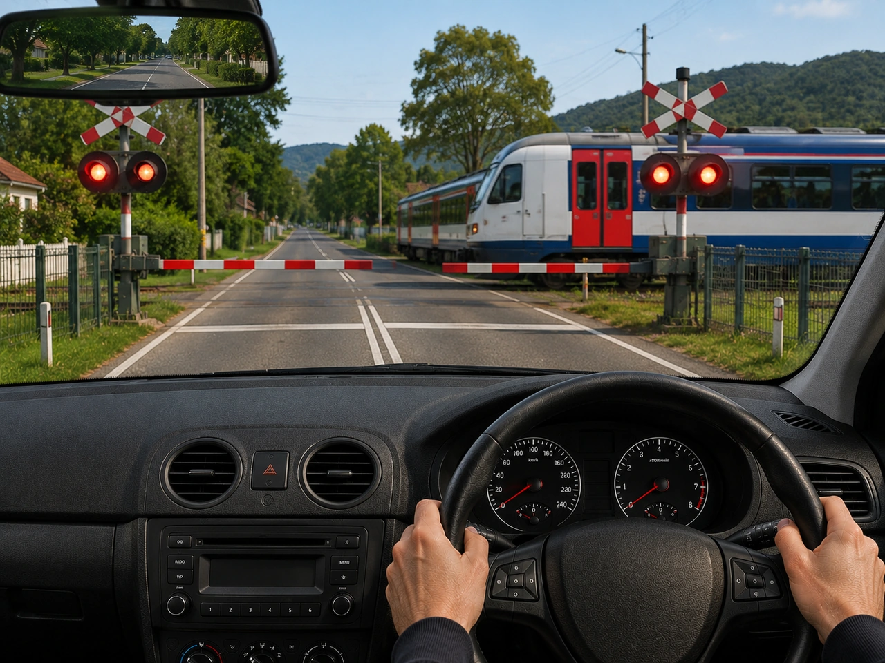 What should you do at a railway crossing with warning lights flashing?
