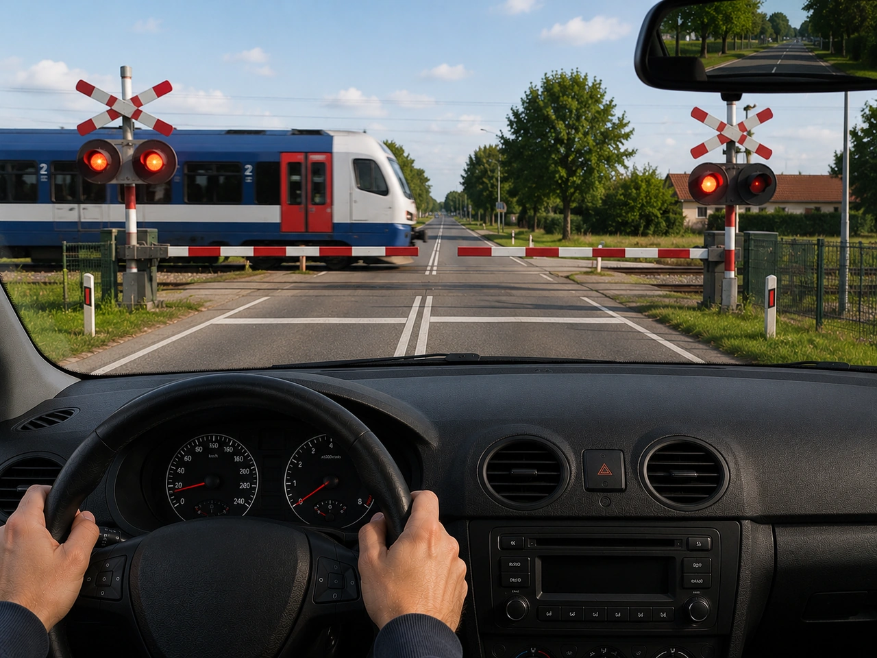 What should you do at a railway crossing with warning lights flashing?