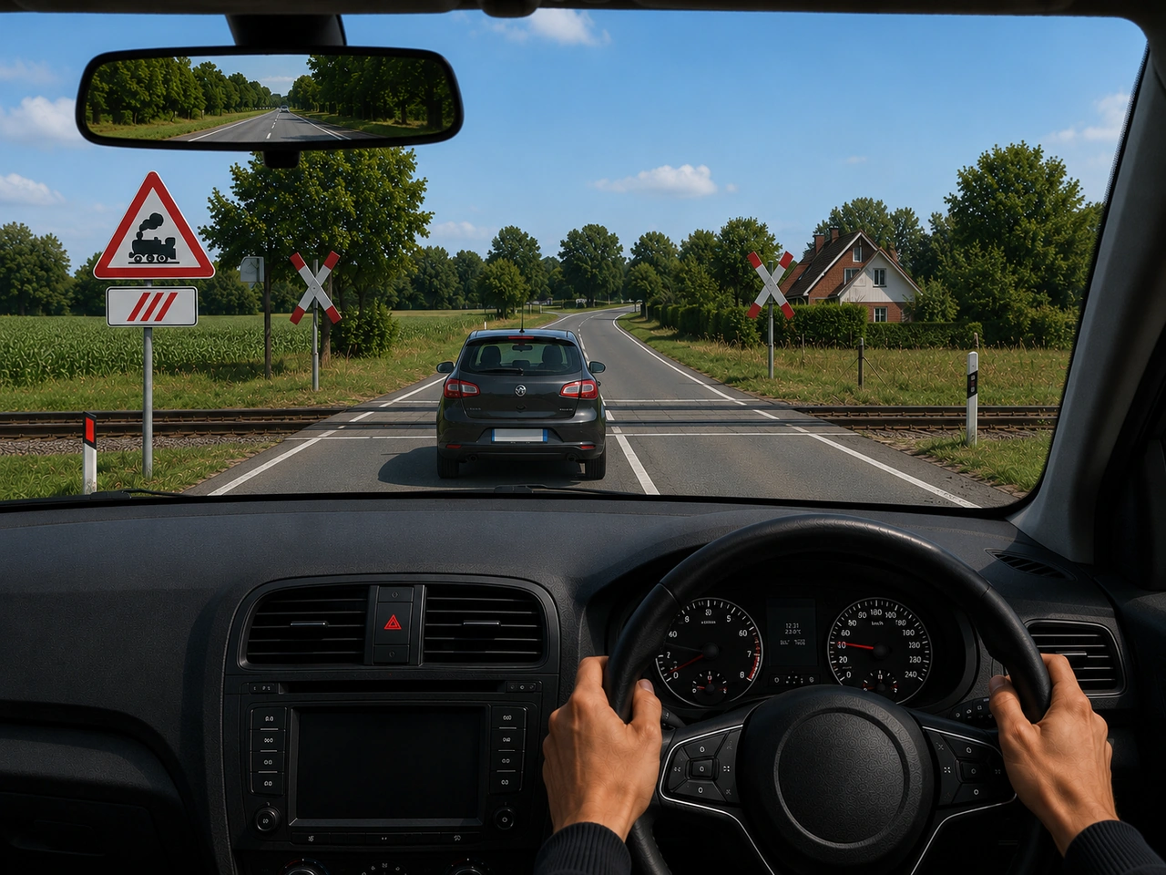 What should you do at a railway crossing without barriers?