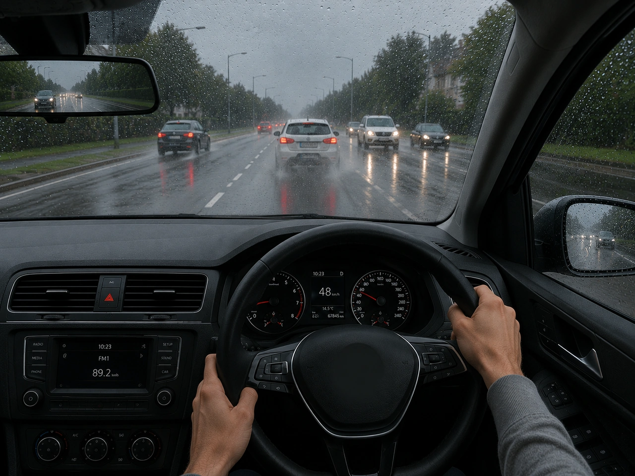 Rain can reduce tyre grip and increase stopping distance.
