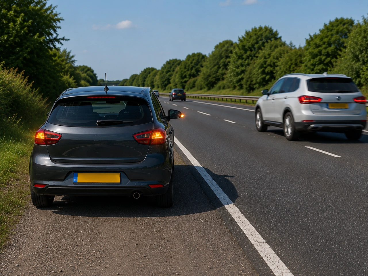 What should you do before rejoining traffic after a breakdown?