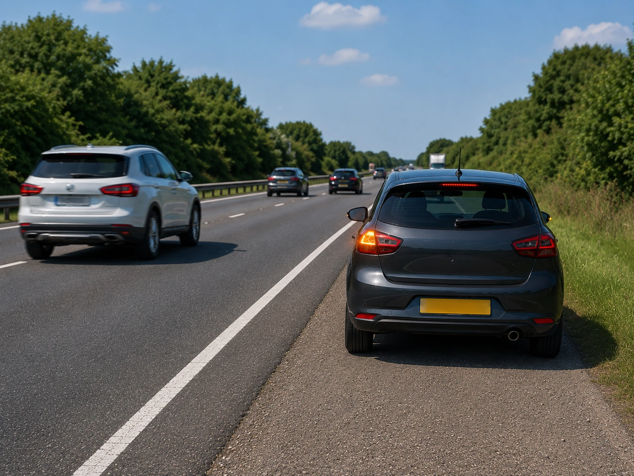 What should you do before rejoining traffic after a breakdown?