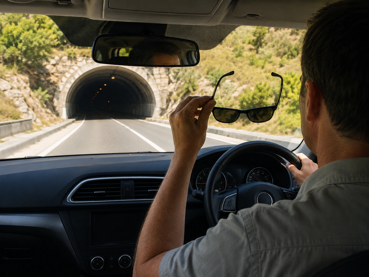 Why should you remove dark sunglasses before entering a tunnel?