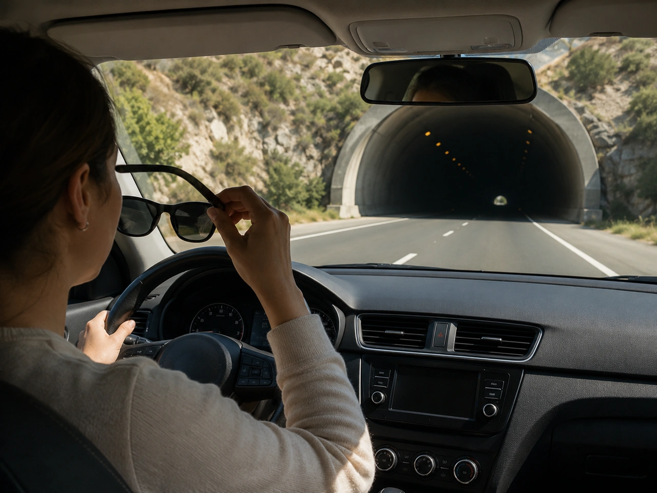 Why should you remove dark sunglasses before entering a tunnel?