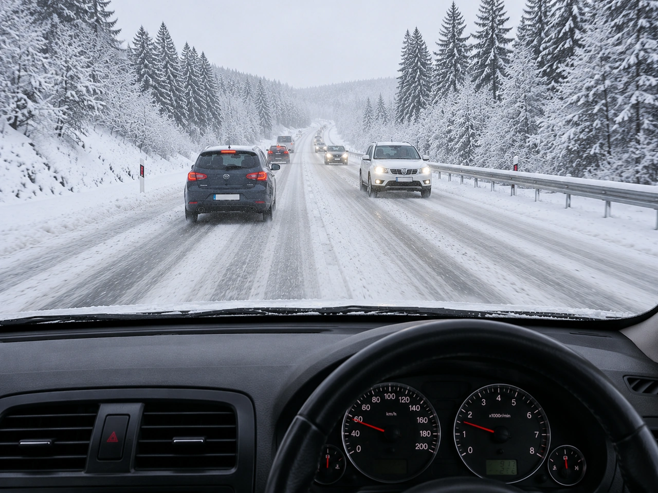 What should you do when the road is covered with snow or ice?