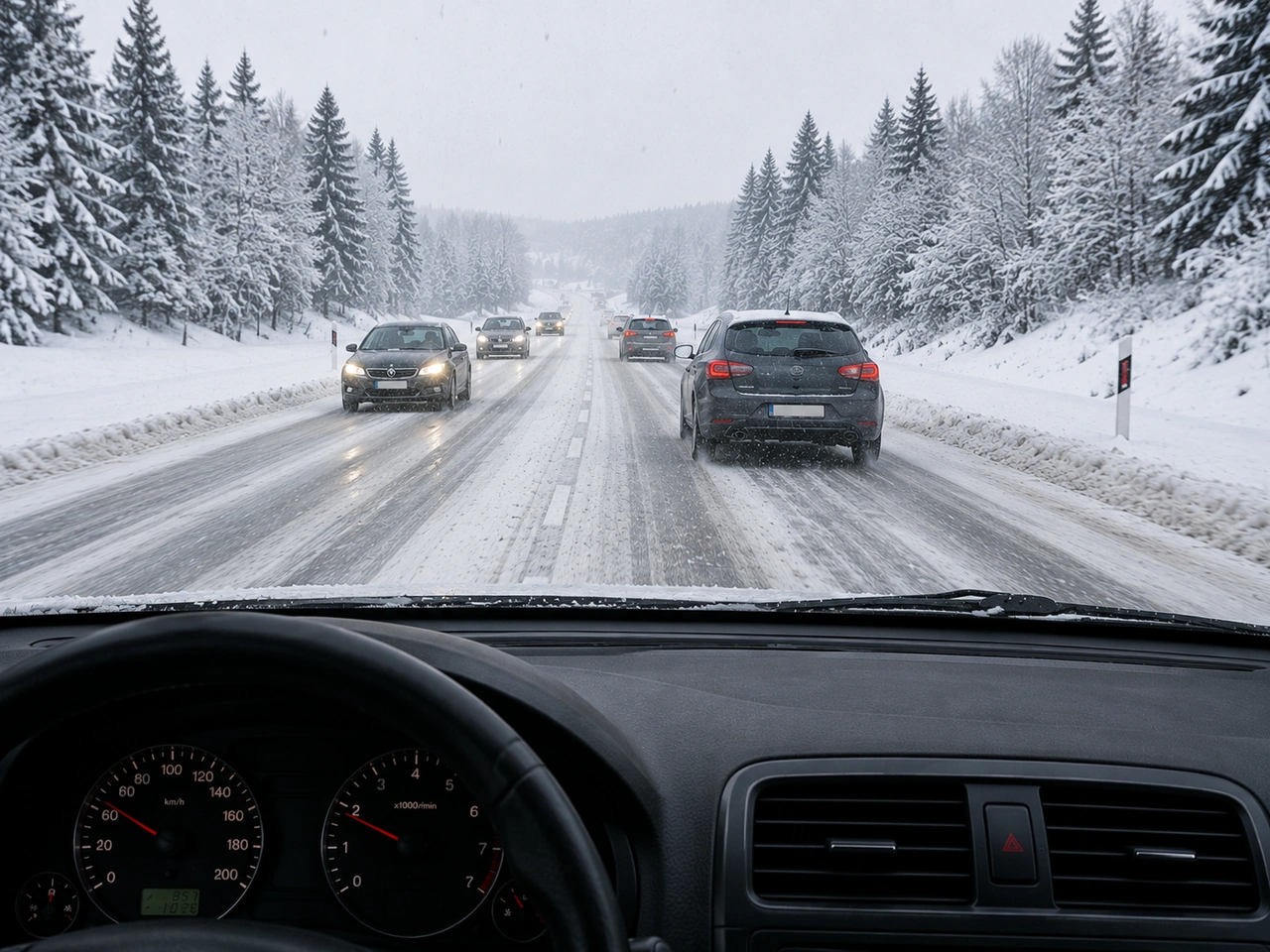 What should you do when the road is covered with snow or ice?