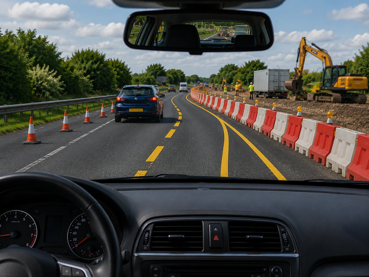 Which road markings should you follow through roadworks?
