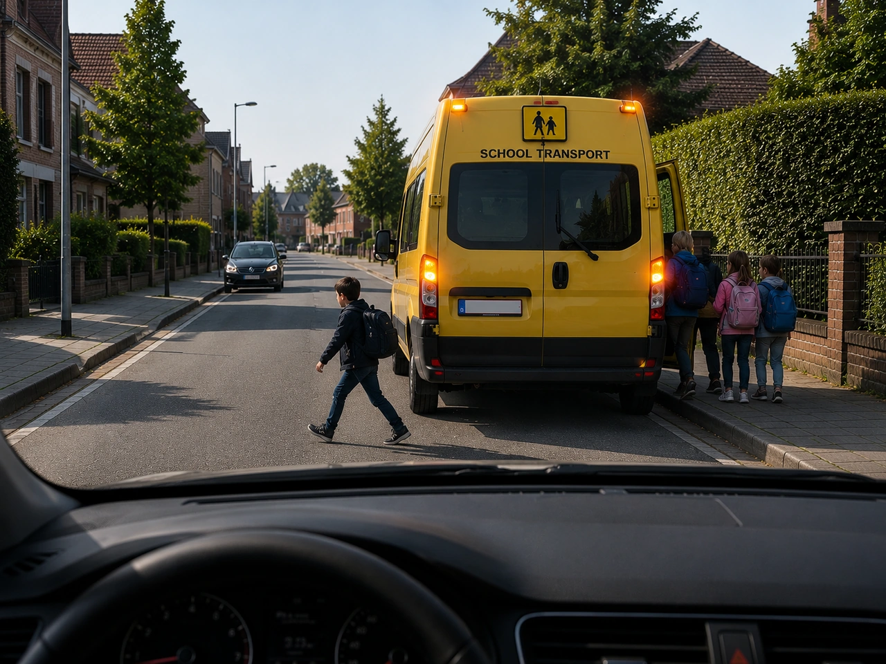 What should you do when a school-transport vehicle uses all its indicators?