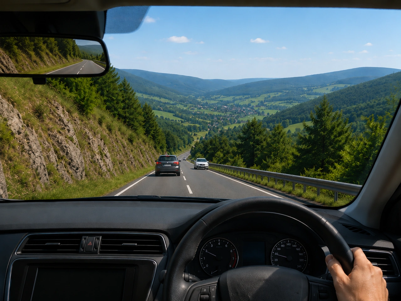 What should you do before driving down a long, steep hill?