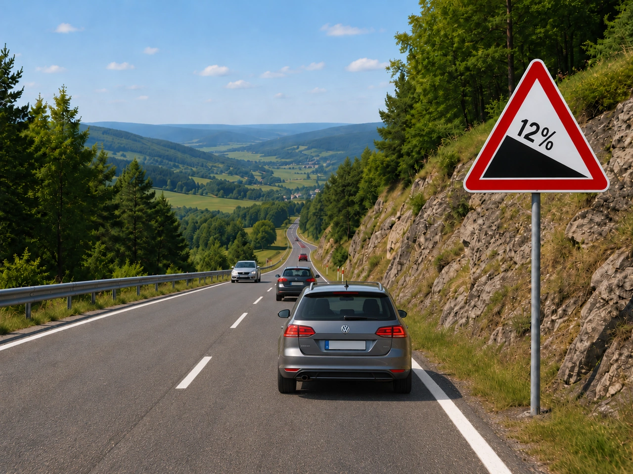 What should you do before driving down a long, steep hill?
