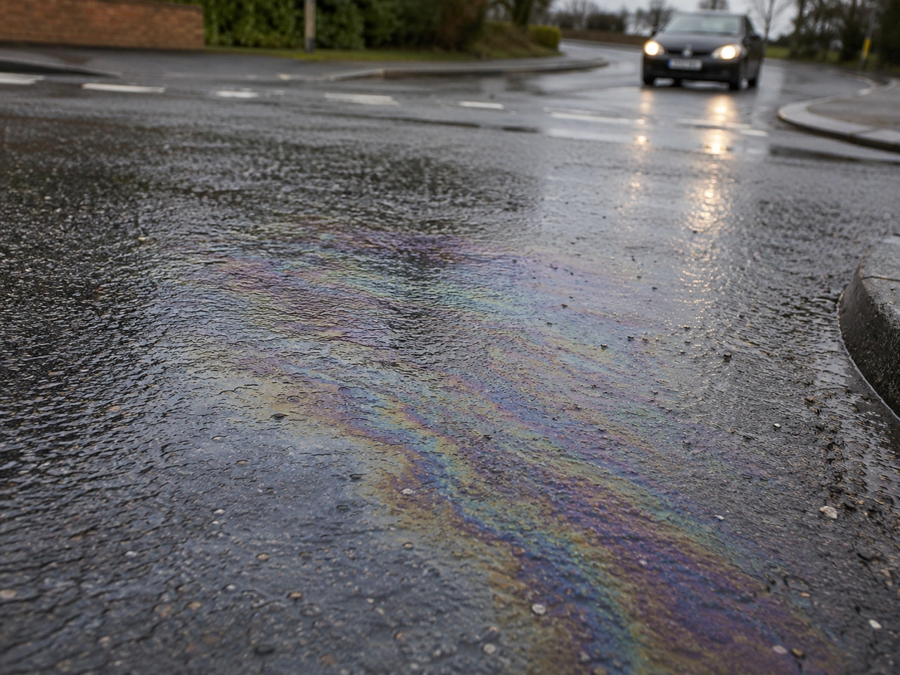 Why are roads especially slippery during rain after a dry period?