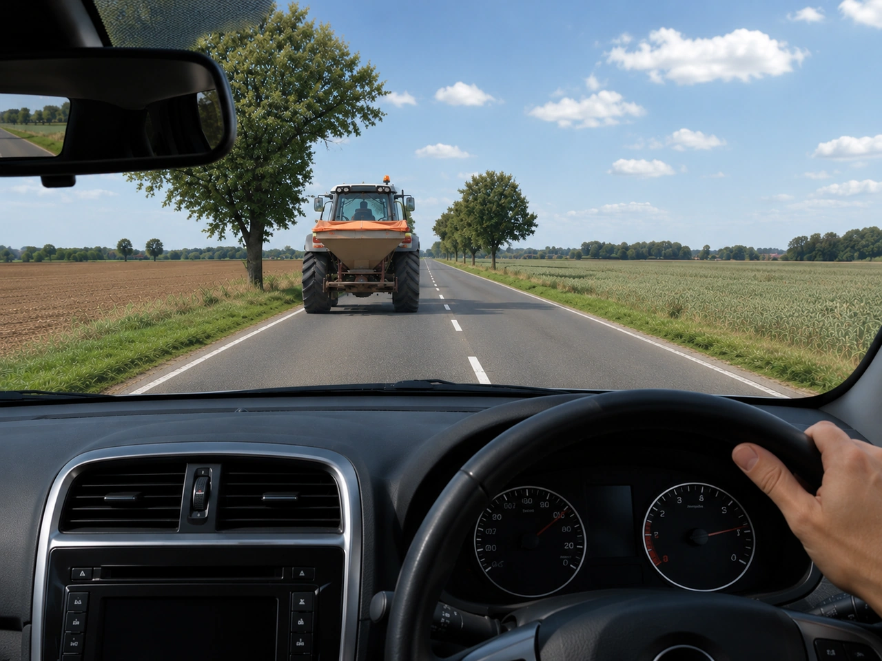 What should you do if you approach slow-moving farm machinery?