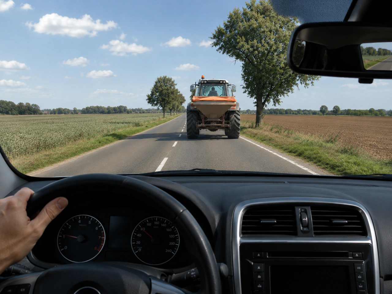 What should you do if you approach slow-moving farm machinery?