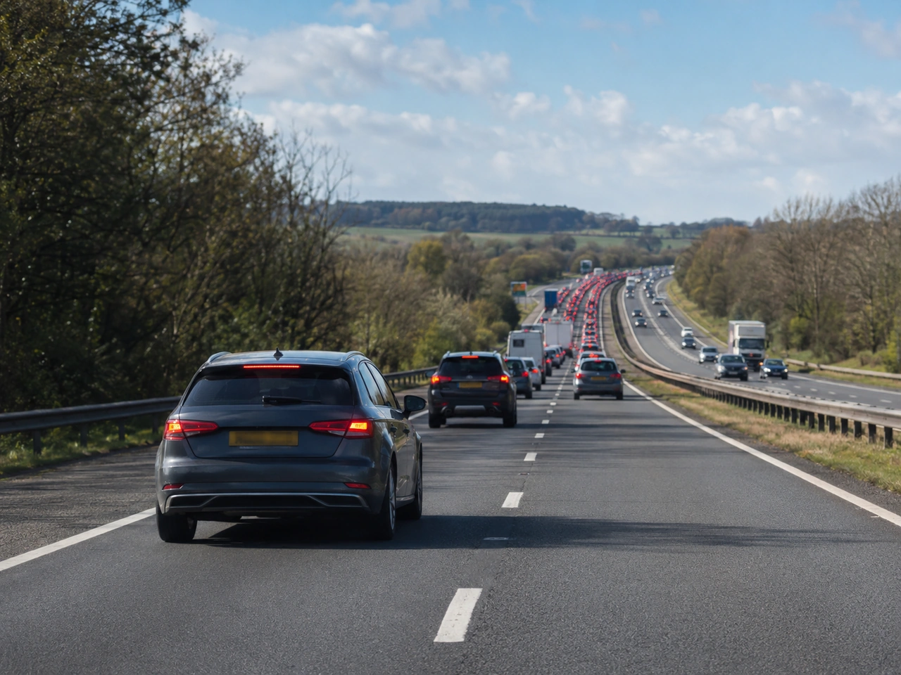 What should you do when approaching stationary or slow-moving traffic on a motorway?