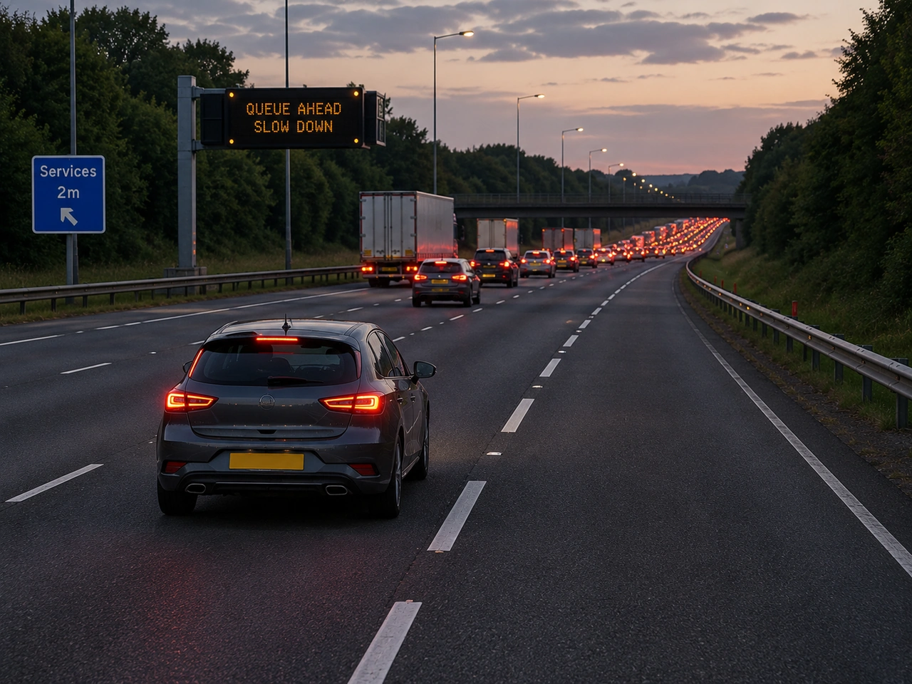 What should you do when approaching stationary or slow-moving traffic on a motorway?