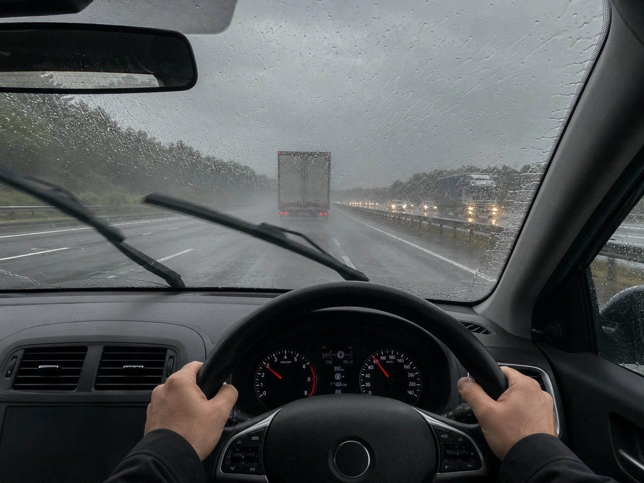 What should you do if spray from other vehicles makes it hard to see?