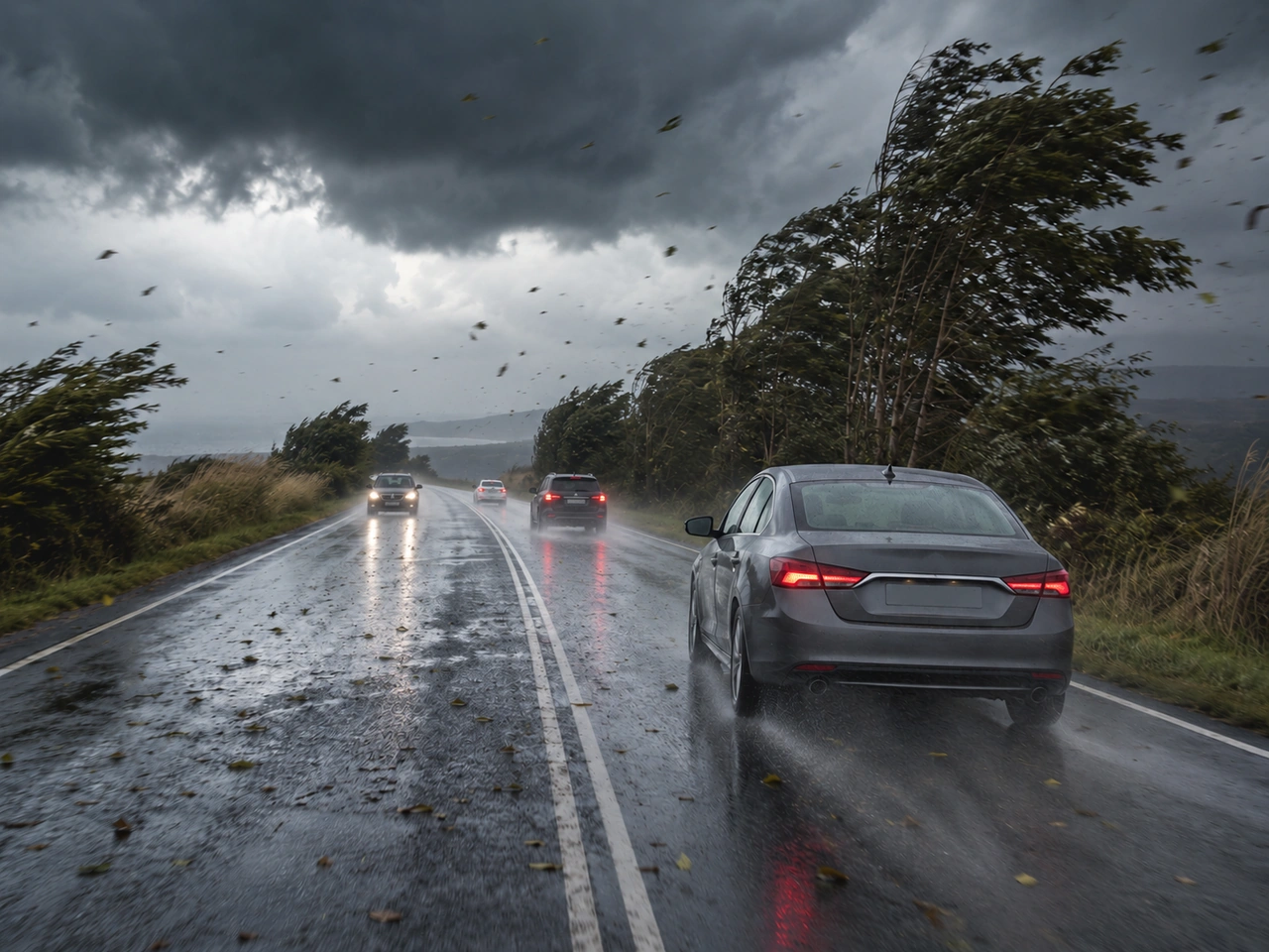 Why should you hold the steering wheel firmly during strong gusts?