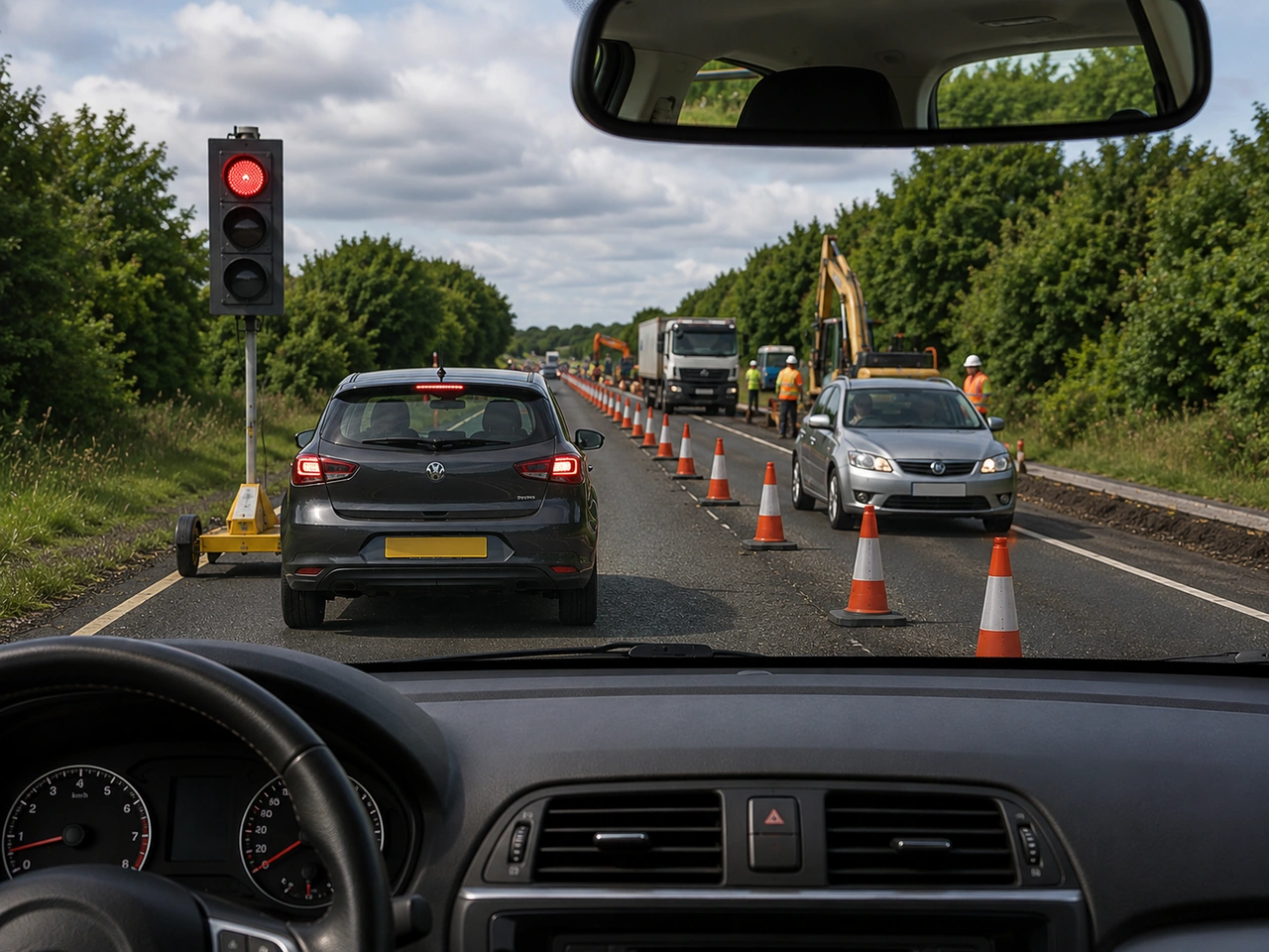 What should you do when temporary traffic lights show red?