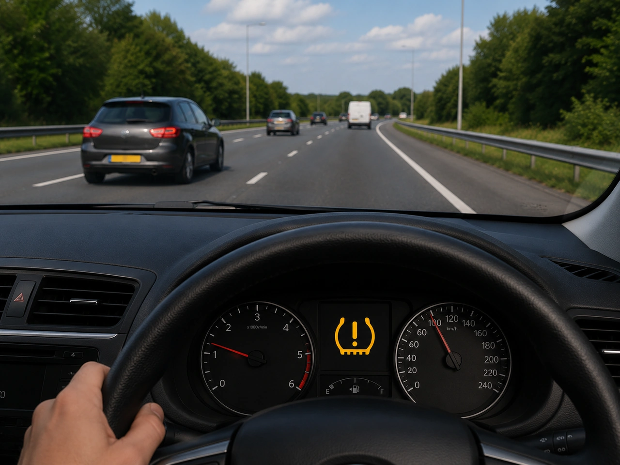 What should you do if a tyre-pressure warning appears and handling changes?