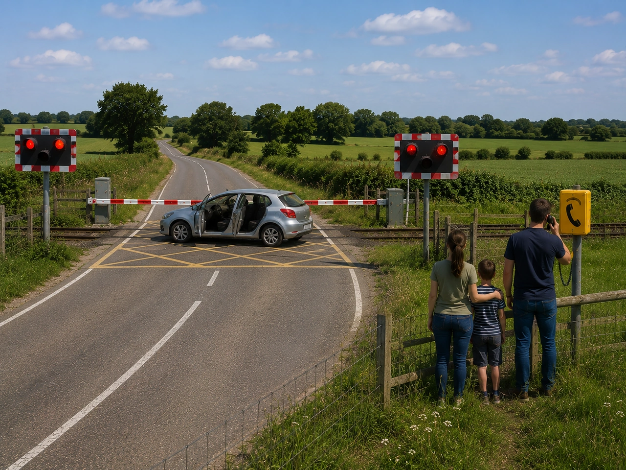 What should you do if your vehicle becomes stuck on a railway crossing?