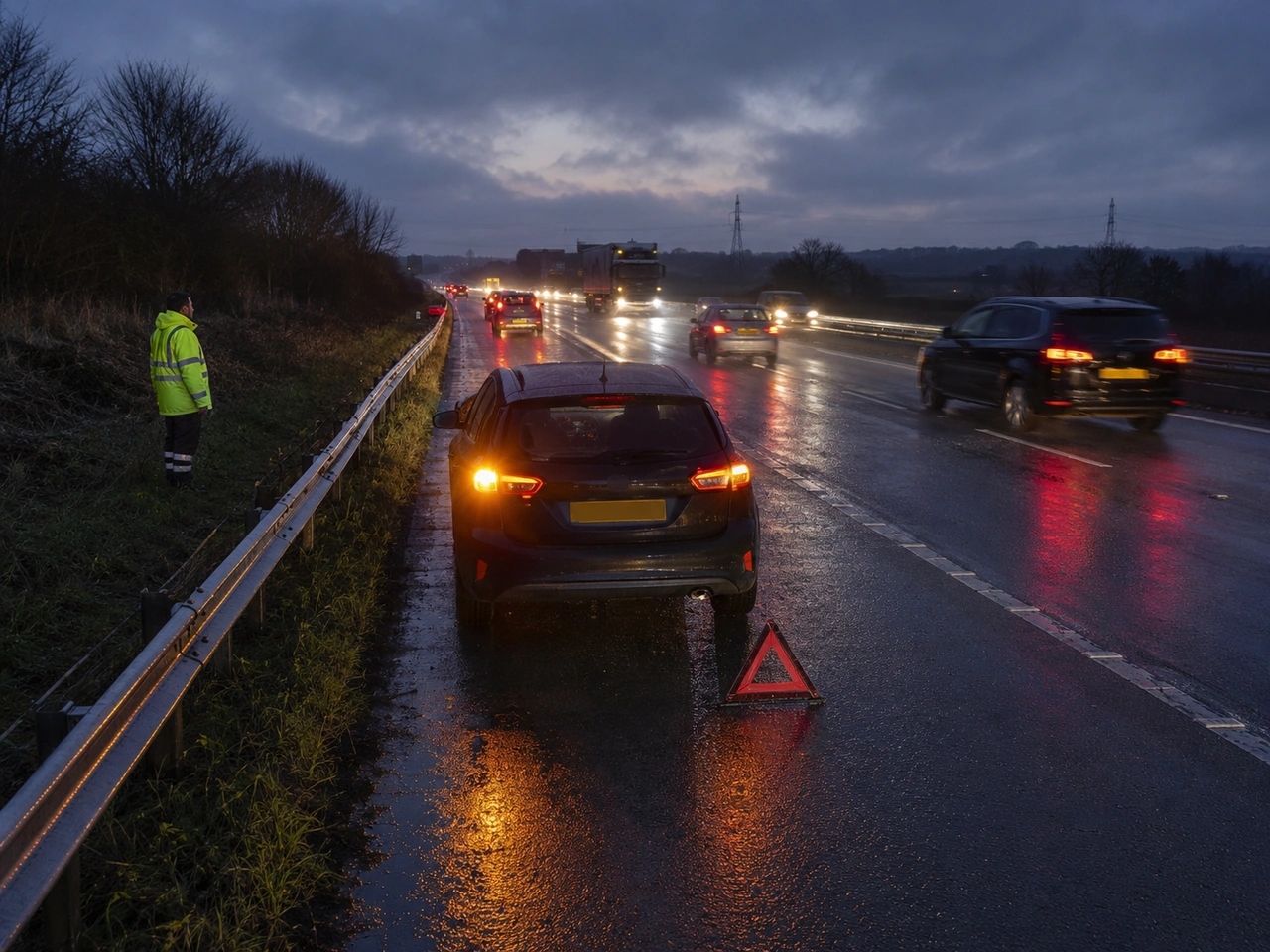 Why is high-visibility clothing useful during a roadside breakdown?