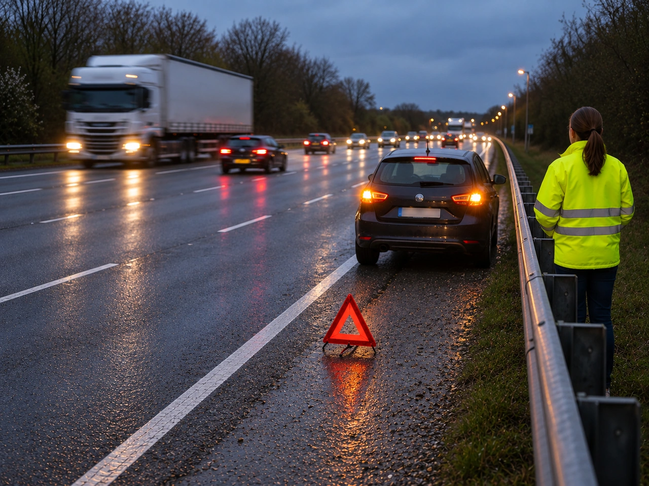 Why is high-visibility clothing useful during a roadside breakdown?