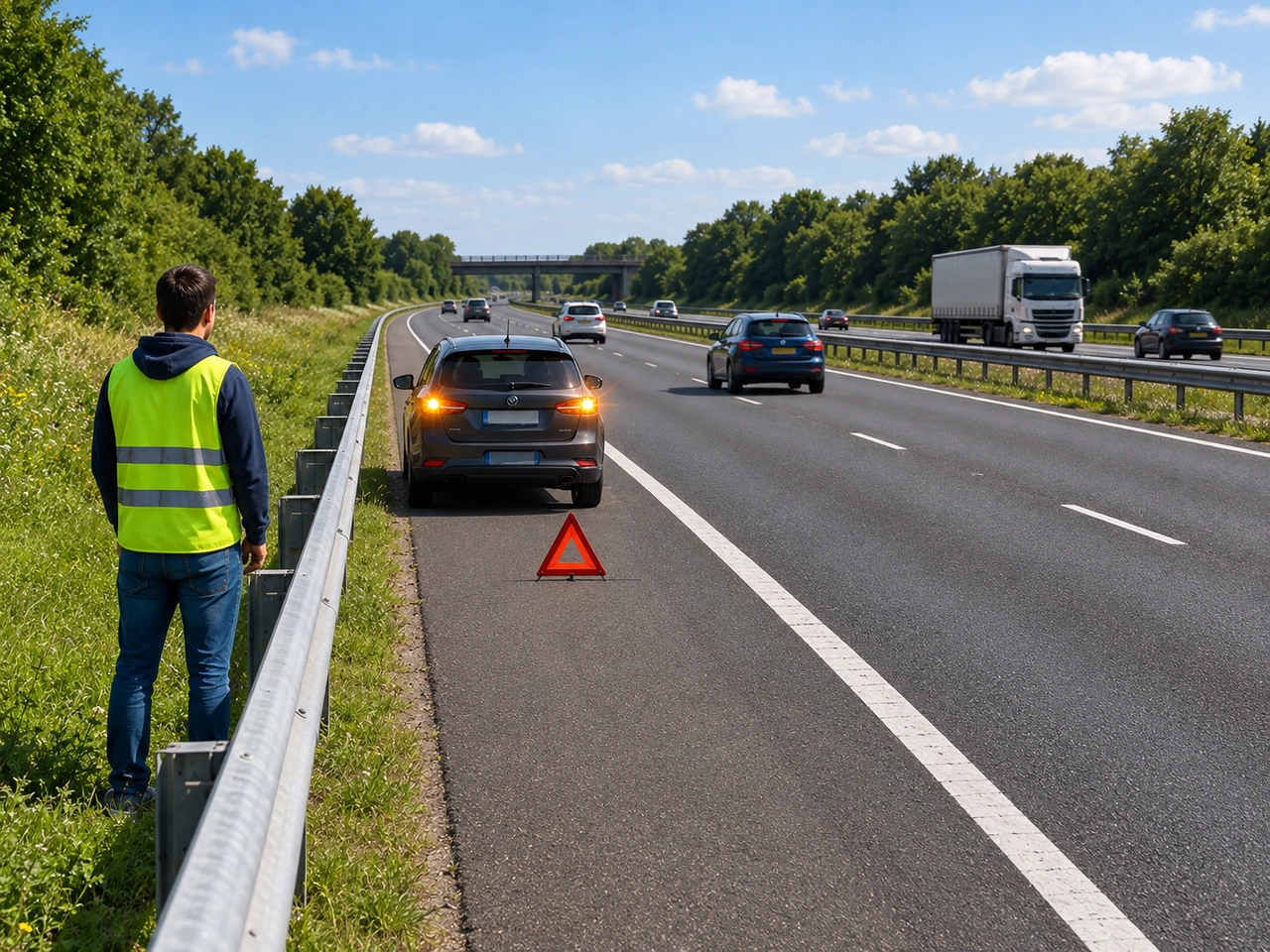 Where should you normally wait after a breakdown on a high-speed road?