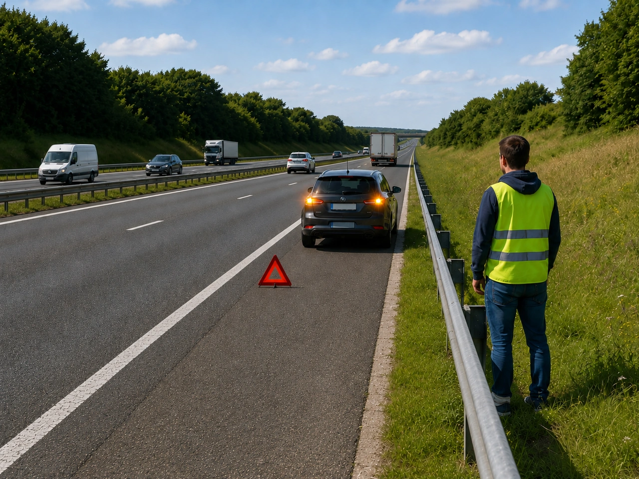 Where should you normally wait after a breakdown on a high-speed road?