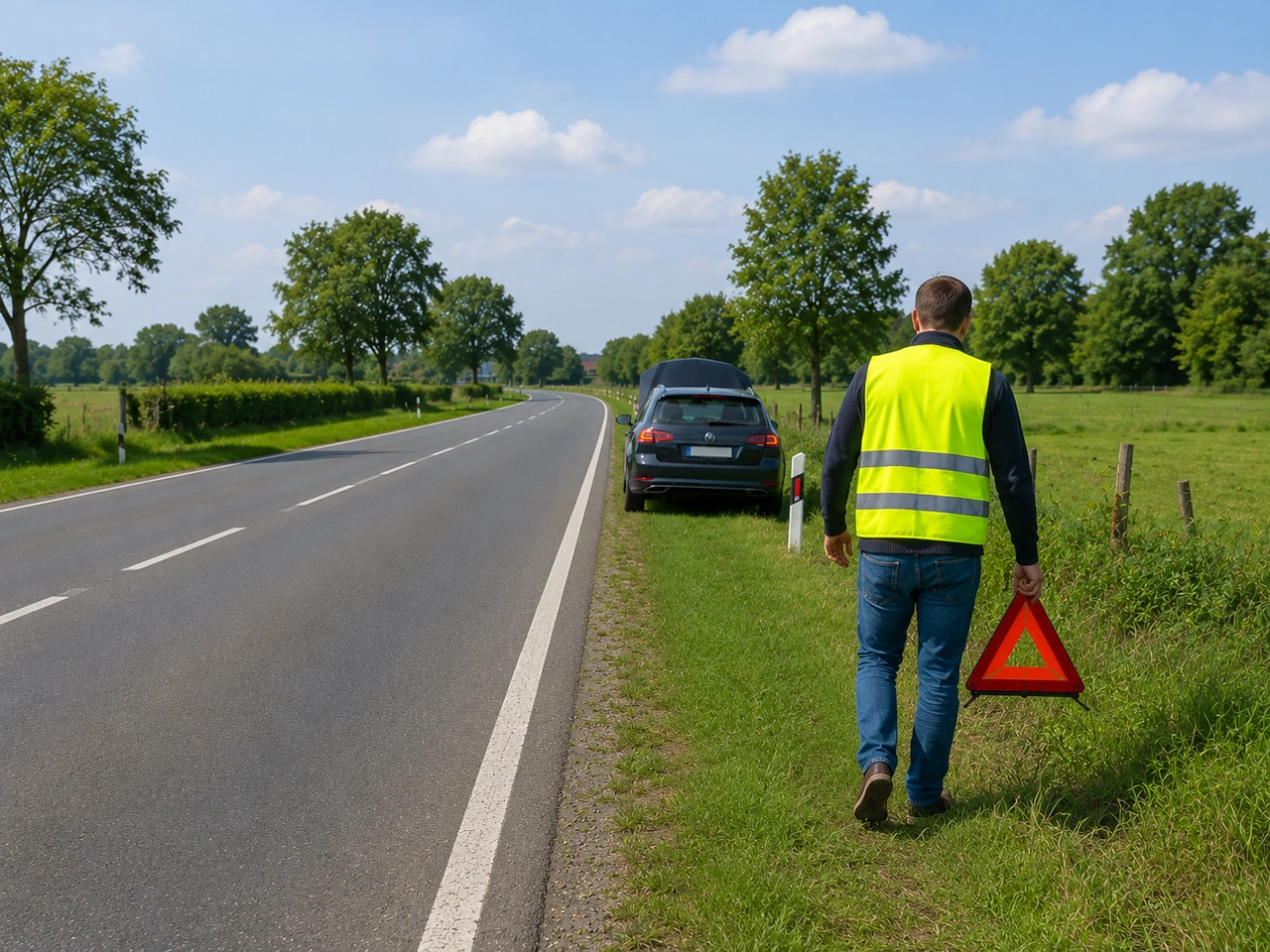 How far behind a broken-down vehicle should the warning triangle normally be placed?