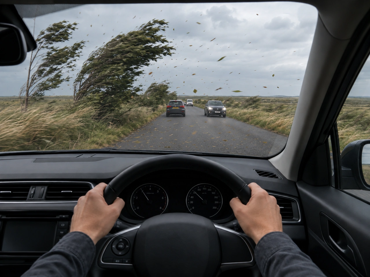 What should you do if strong winds push your vehicle sideways?
