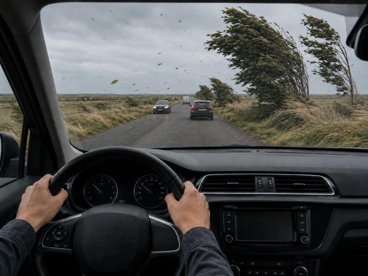 What should you do if strong winds push your vehicle sideways?