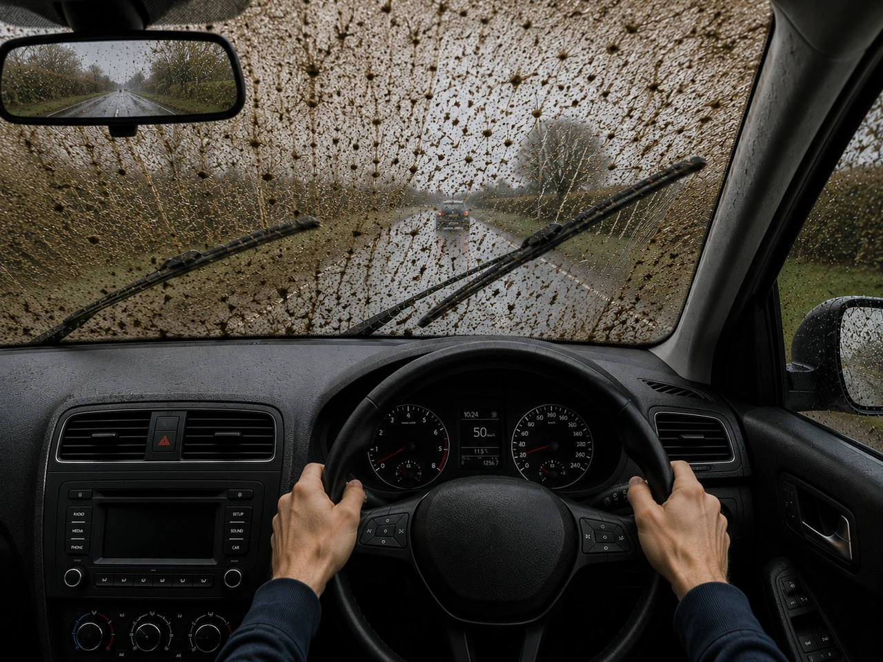 What should you do if your windscreen becomes covered with mud or spray?
