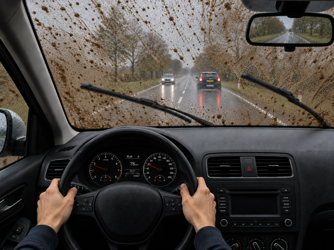 What should you do if your windscreen becomes covered with mud or spray?
