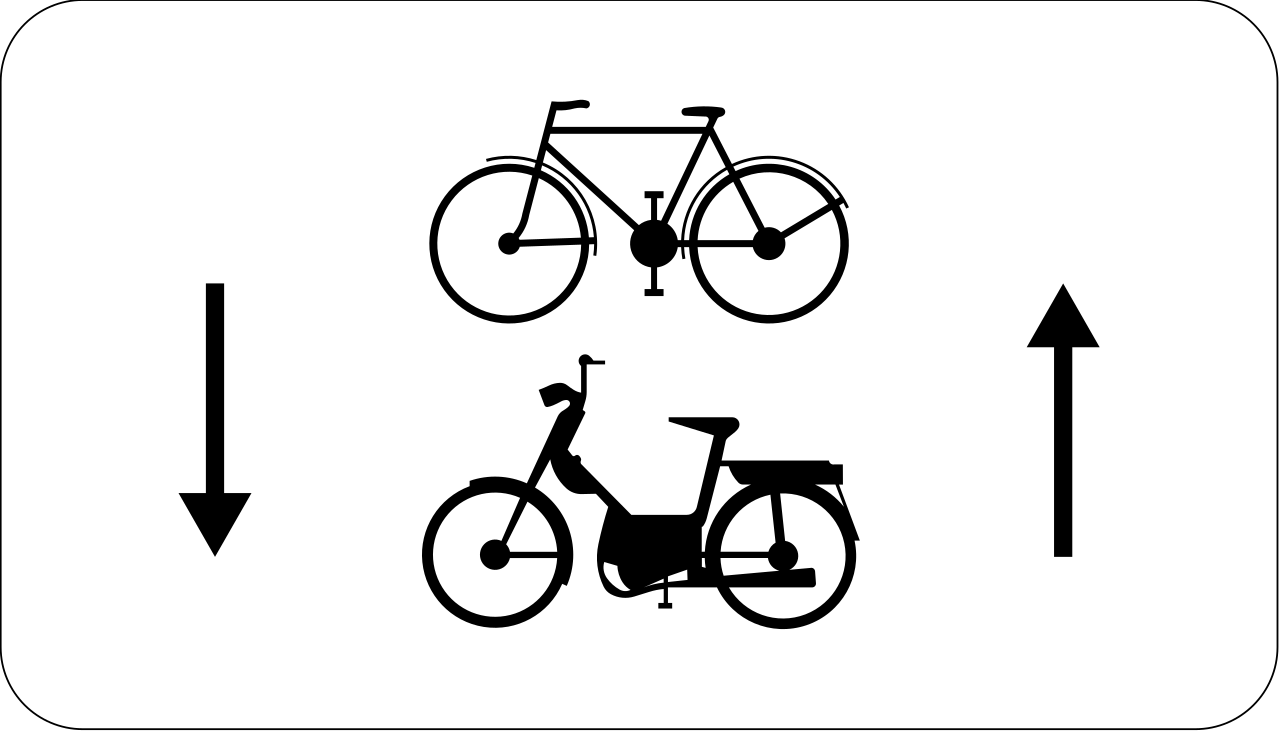 Fietsers en bromfietsen in beide richtingen.