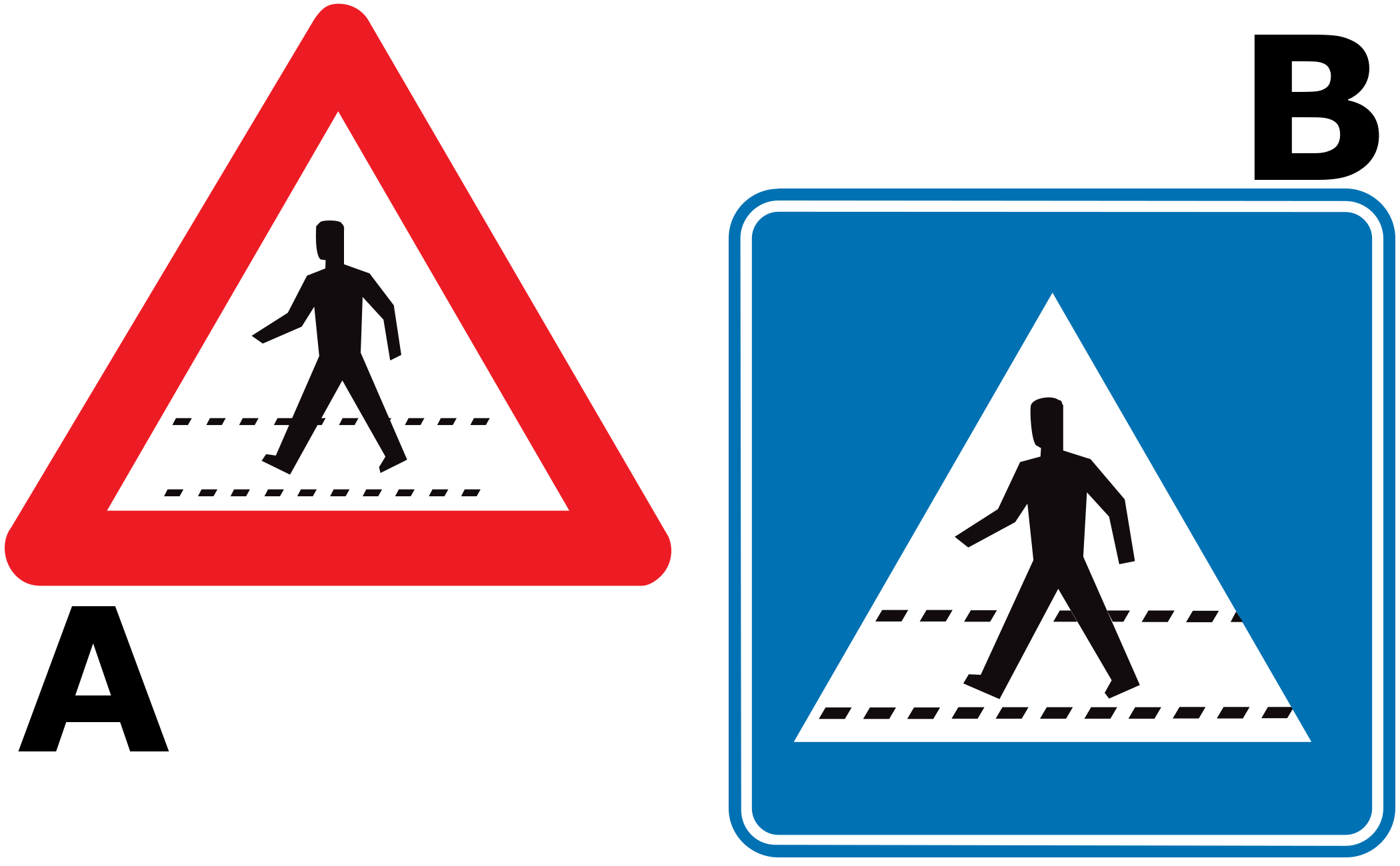 Which traffic sign indicates the location of the pedestrian crossing?