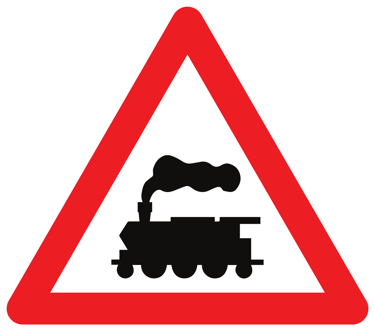 Waarschuwing voor een overweg zonder slagbomen.