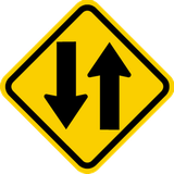 Waarschuwing voor een weg met tweerichtingsverkeer.