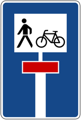 Doodlopende weg met doorgang voor voetgangers en fietsers.