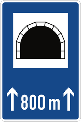 Begin van een tunnel met aangegeven lengte.