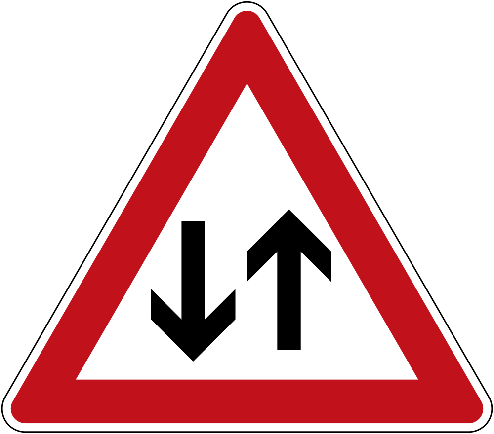 Waarschuwing voor een weg met tweerichtingsverkeer.