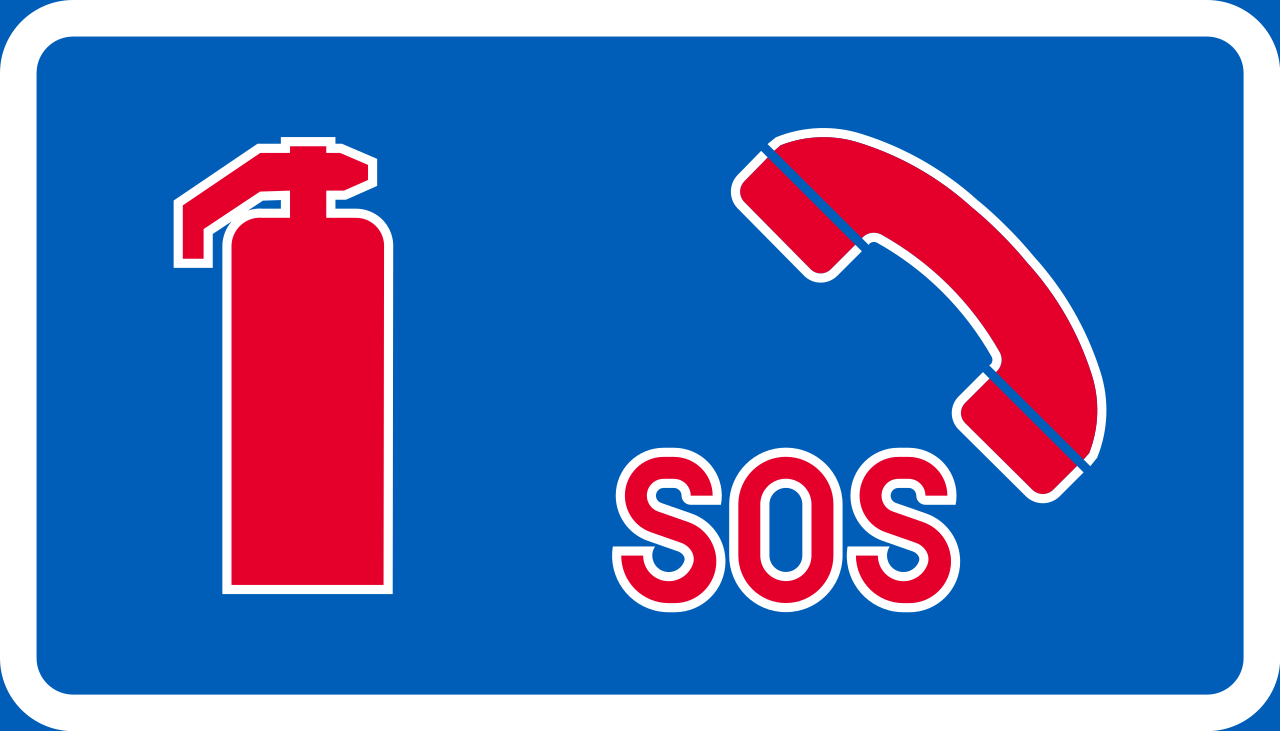 Emergency telephone and fire extinguisher.