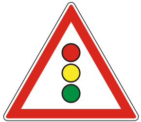 Waarschuwing voor verkeerslichten verderop.