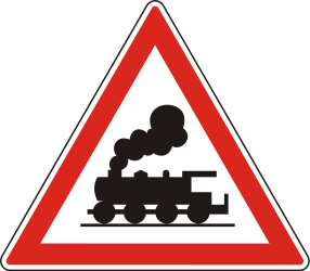 Waarschuwing voor een overweg zonder slagbomen.